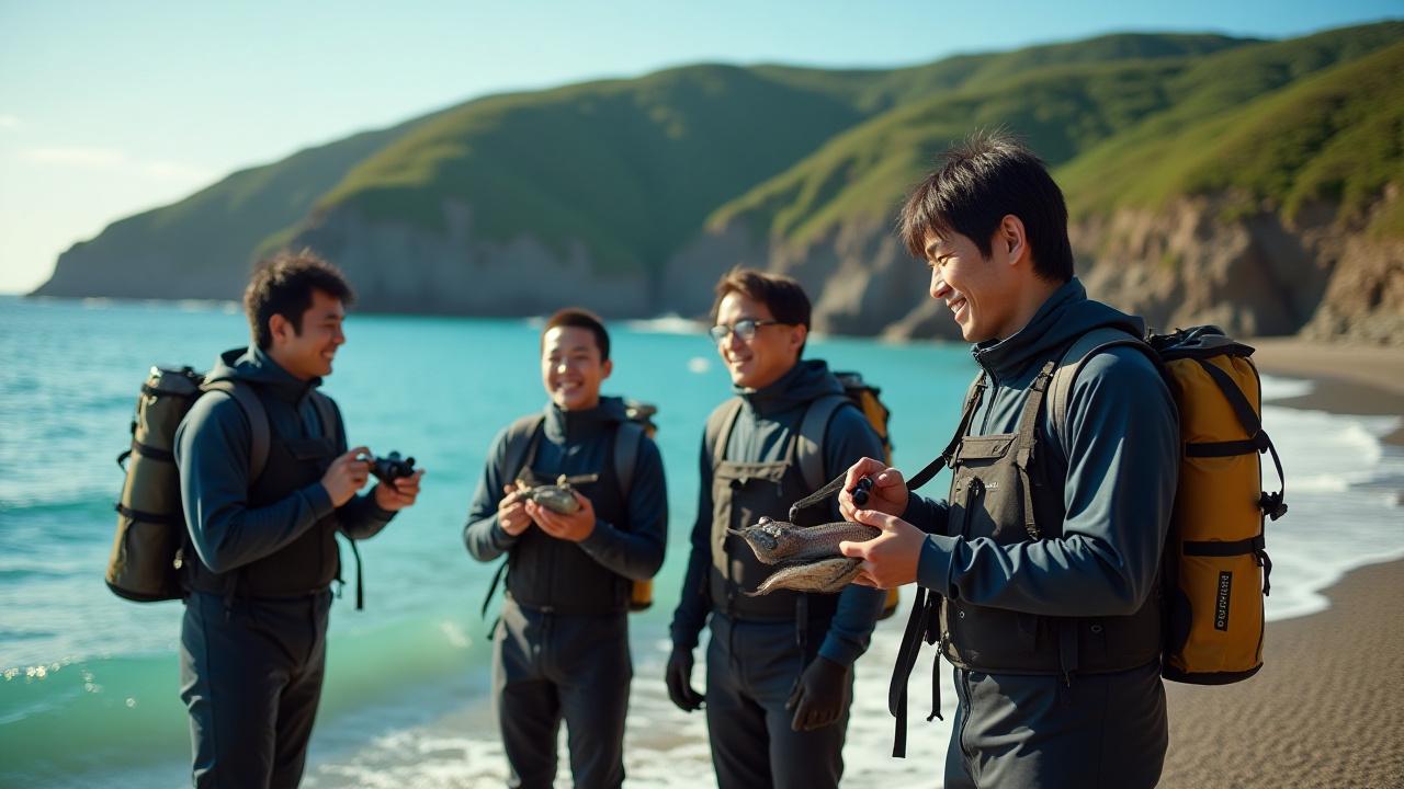 Ryugu Learningの創設チームが日本の海岸線で海洋調査を行う風景